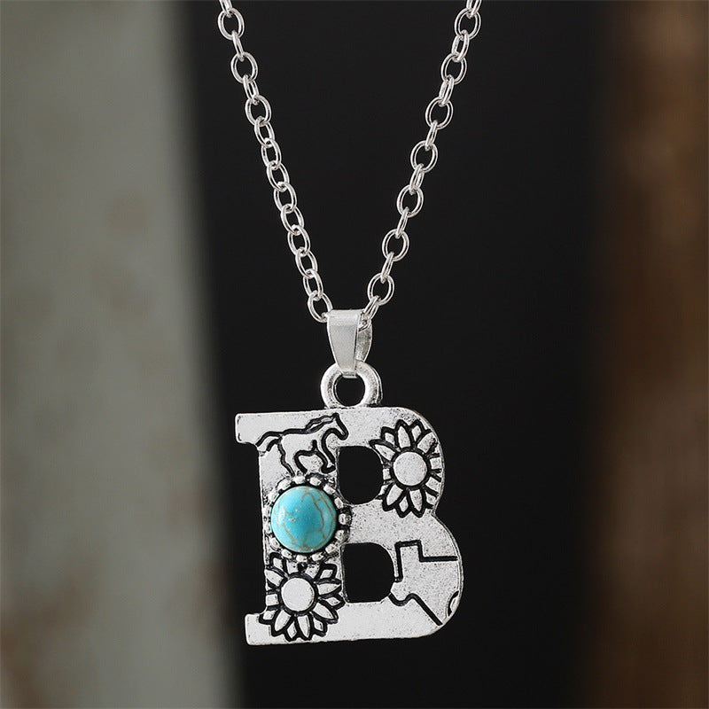 Wholesale  Retro 26 English Letter Turquoise Necklace Clavicle Chain