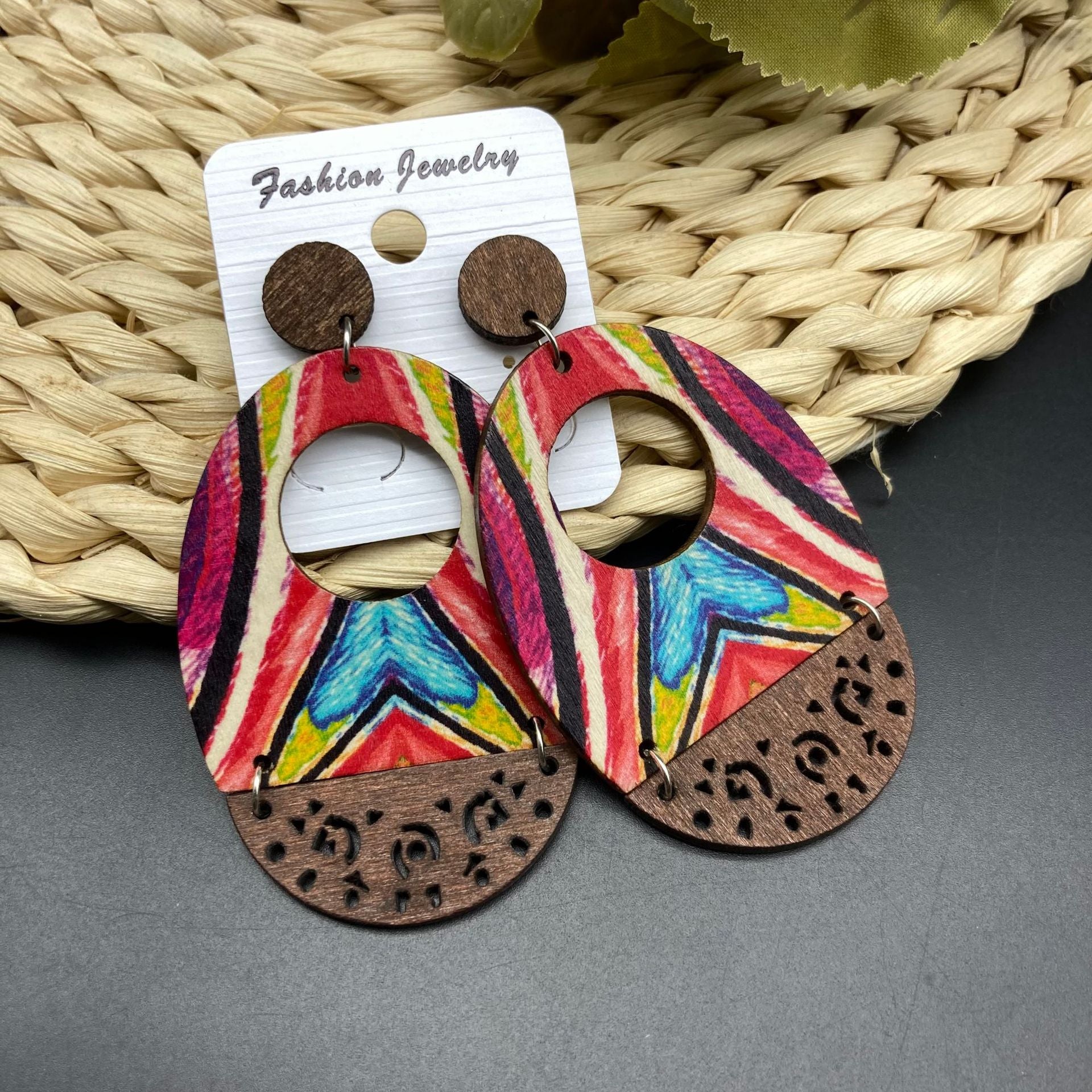 Wholesale Vintage Bohemian Oil Painting Series Wooden Hollow Long Earrings ACC-ES-FX022