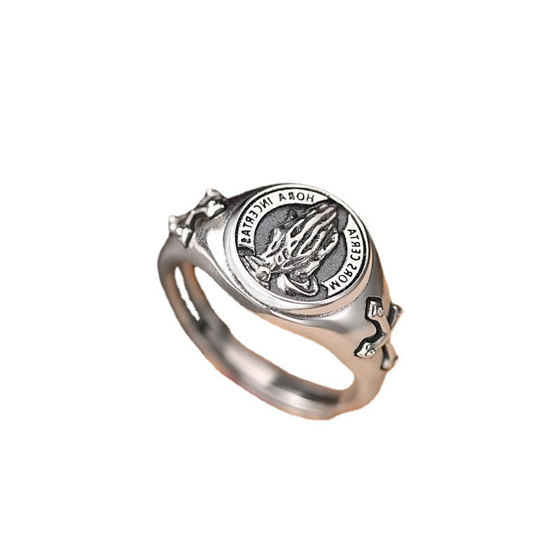 Wholesale S925 silver men's ring personality retro prayer creative ring