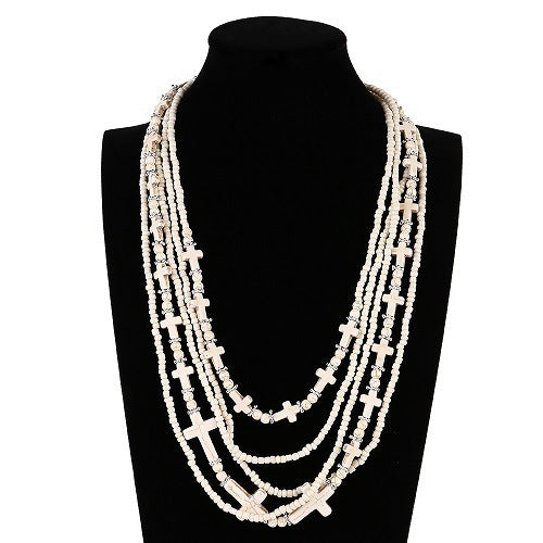 Wholesale  Retro Turquoise Rice Beads Multi-Layer Cross Necklace