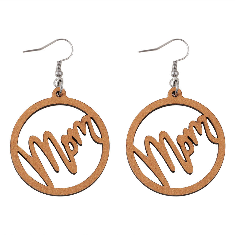 Wholesale Mother' s Day Round Hollow Pendant Earrings  Wooden Earrings