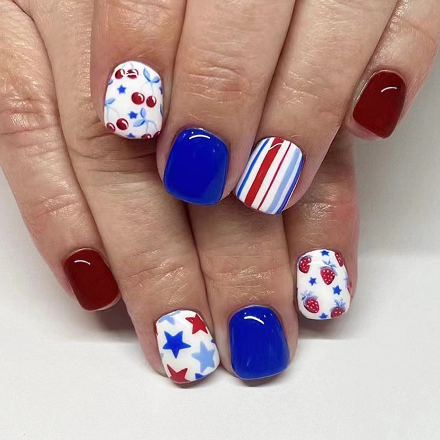 Wholesale 24 Pieces/box American Independence Day Short Red and Blue Color Cherry Manicure Press-on Nails Kits Nail Stickers ACC-NS-GuaiXL038