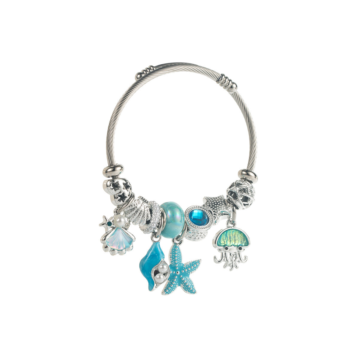 Wholesale Trendy Blue Ocean Themed Stainless Steel Bracelet With Zircon Starfish Pearl Jellyfish Pendants Adjustable Bangle Jewelry Accessory