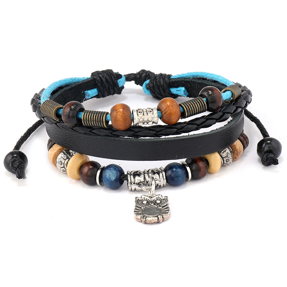 Wholesale Vintage Owl Pendant Beaded Leather Bracelet - Unisex Adjustable Leather Jewelry Accessory