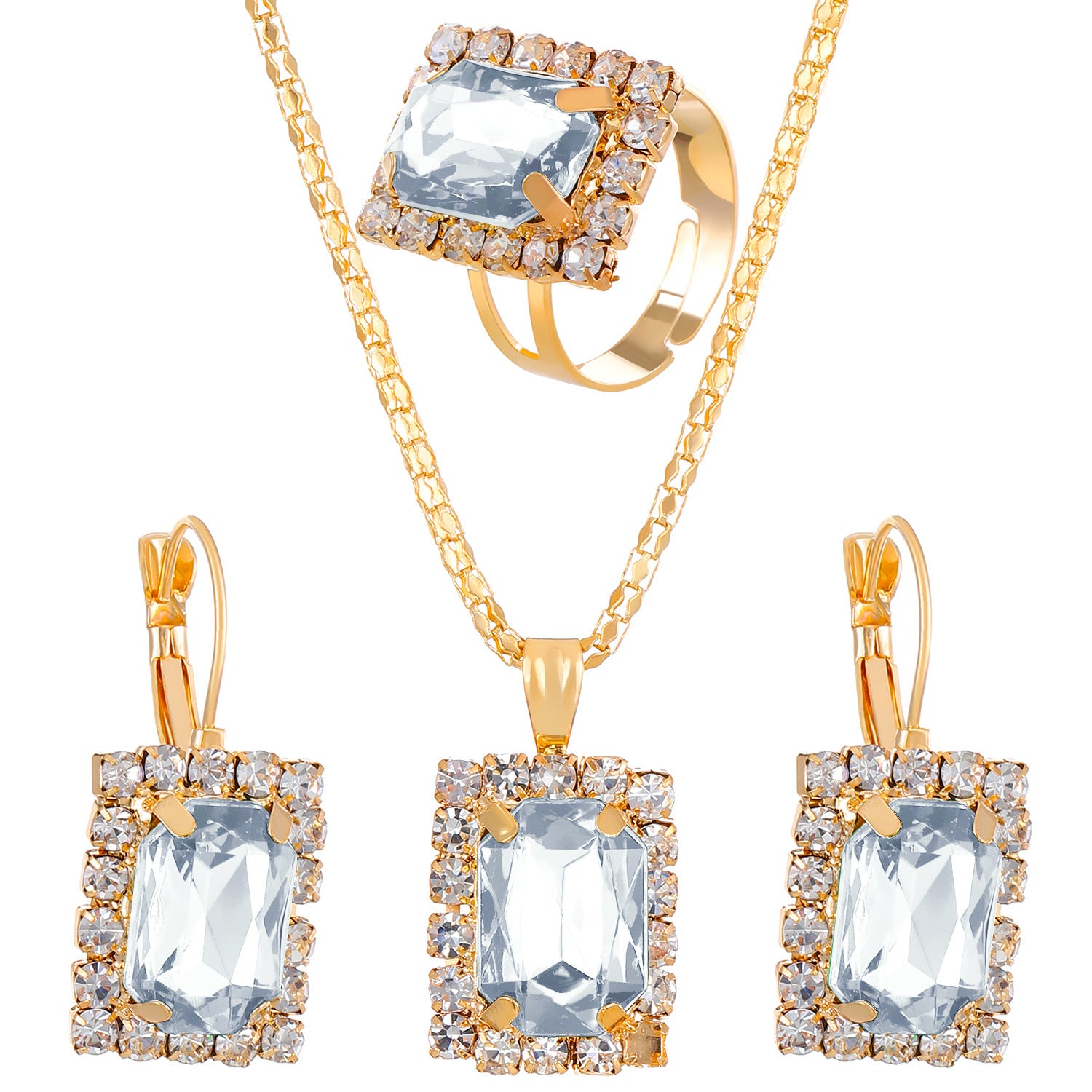 Wholesale Colorful rhinestone necklace earrings and ring set