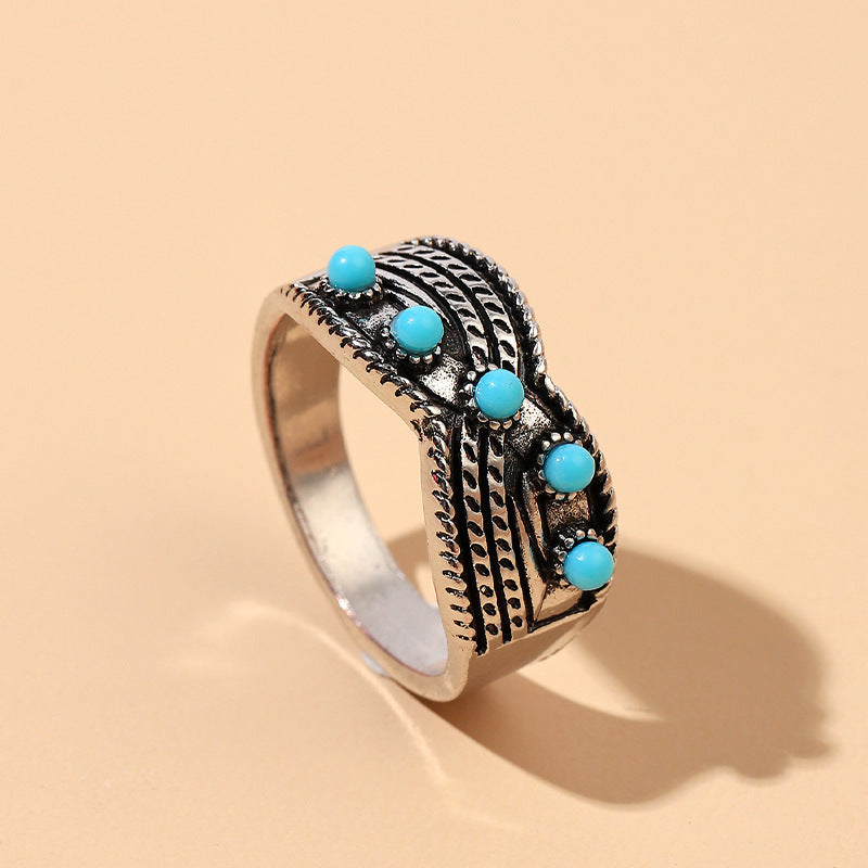 Wholesale 5pcs Vintage Bohemian Inlaid Turquoise Ring