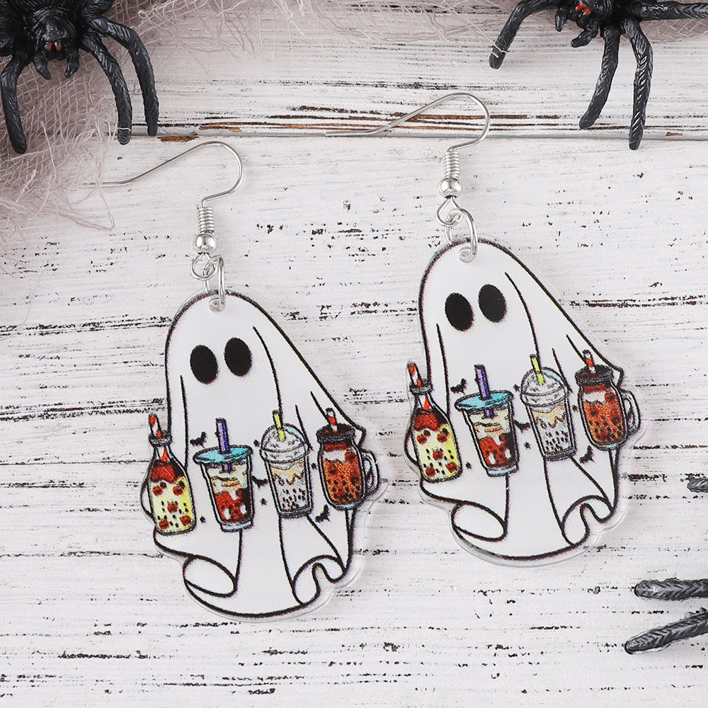 Wholesale Halloween Cute Ghost Coffee Cup Pendant Acrylic Earrings
