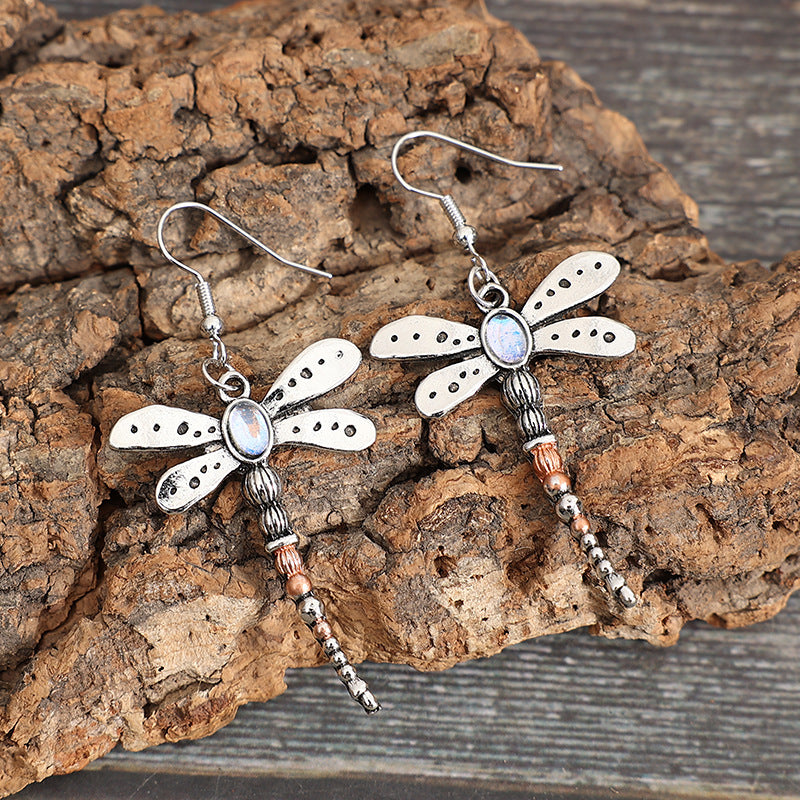 Wholesale  retro design sense Dragonfly earrings creative insects moonstone earrings