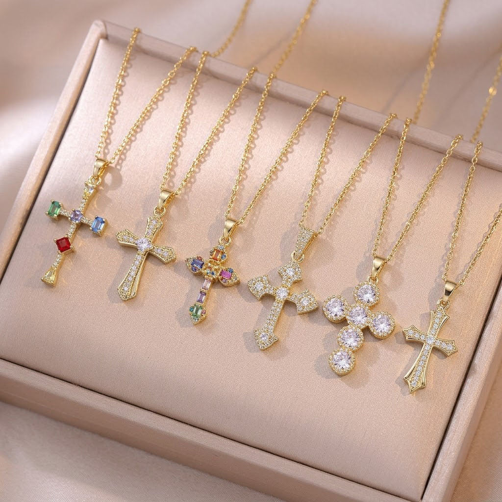 Wholesale Stylish Colorful Zircon Cross Necklace Copper Electroplated Fashion Accessory For Women Party Gift