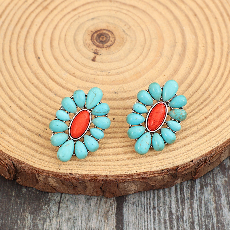 Wholesale Retro Bohemian Alloy Turquoise Floral Earrings Jewelry Accessory Gift