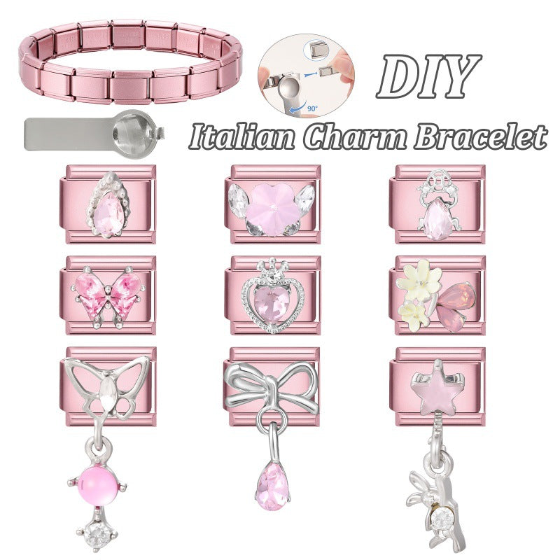 Wholesale 9mm Italian Charm Starter Bracelets pink series  DIY  Single Section Creative Stainless Steel Composable Bracelet