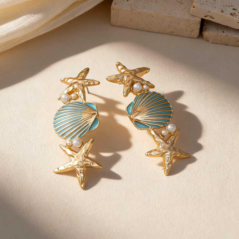 Wholesale Ocean-Inspired Textured Gold Conch and Starfish Stud Earrings
