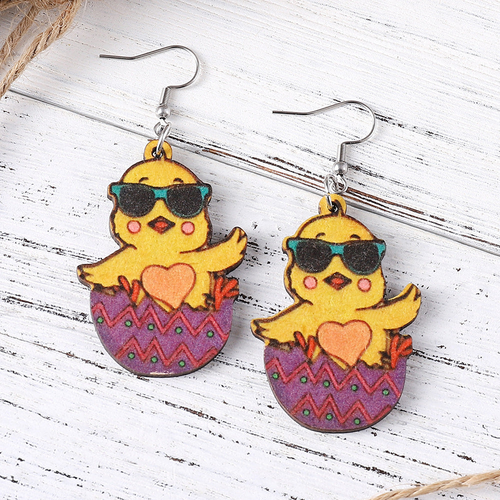 Wholesale Easter Chick with Sunglasses Wooden Earrings