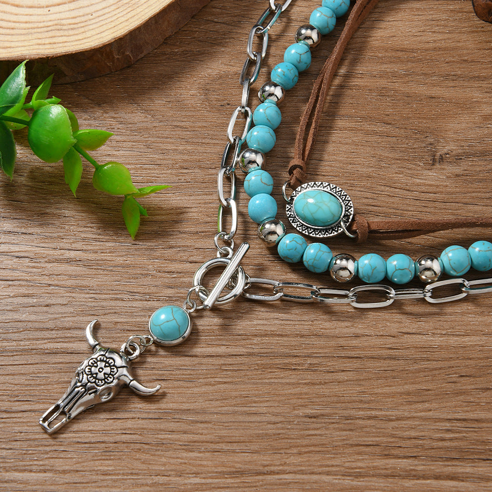 Wholesale Blue Turquoise Geometric 3-Piece Necklace Set Chain Pendant Boutique Resale