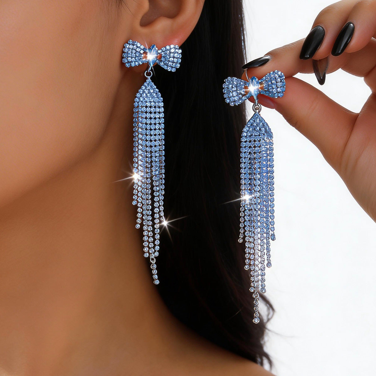 Wholesale Copper Rhinestone Bow Tassel Earrings European Style Party Wear