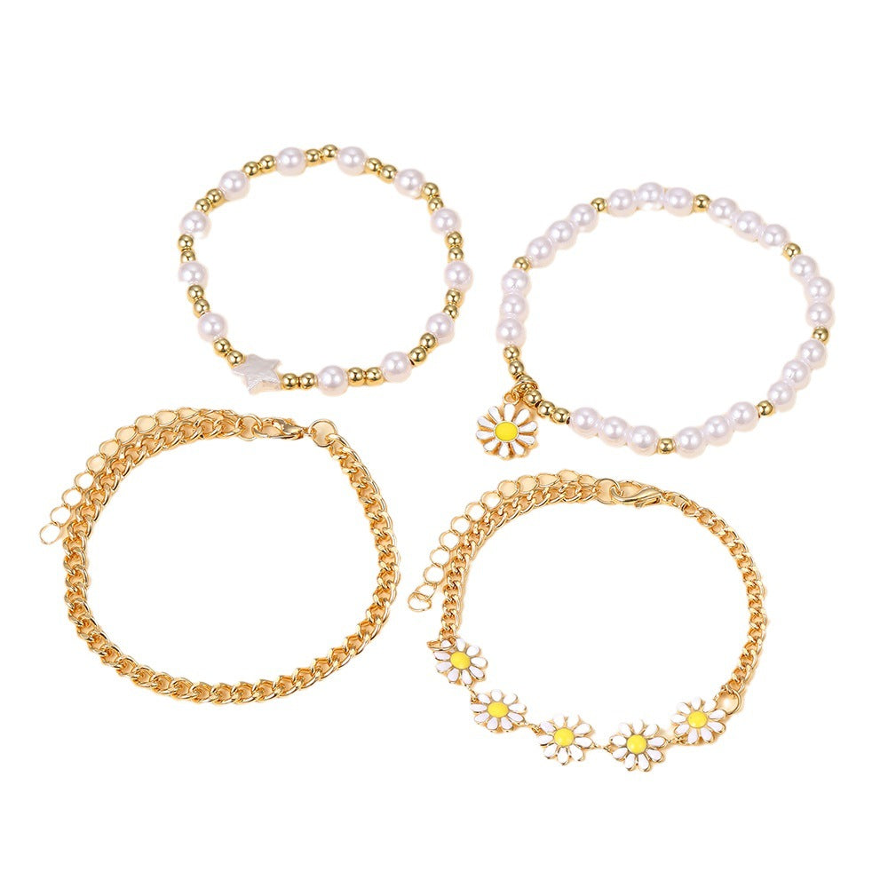 Wholesale Small Gold Beads Pearl Bracelet Set 4 Piece Bohemian Beach Small Daisy Bracelet ACC-BT-HZS003