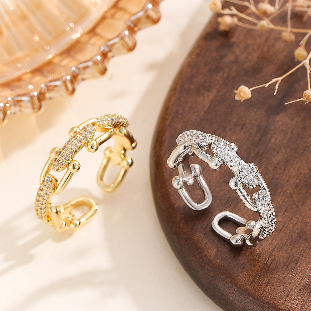 Wholesale Gold Copper Zircon Geometric Chain Ring Fashion Jewelry Gift