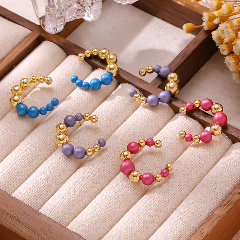 Wholesale Minimalist Light Luxury Stainless Steel Colorful Beaded C-Hoop Earrings