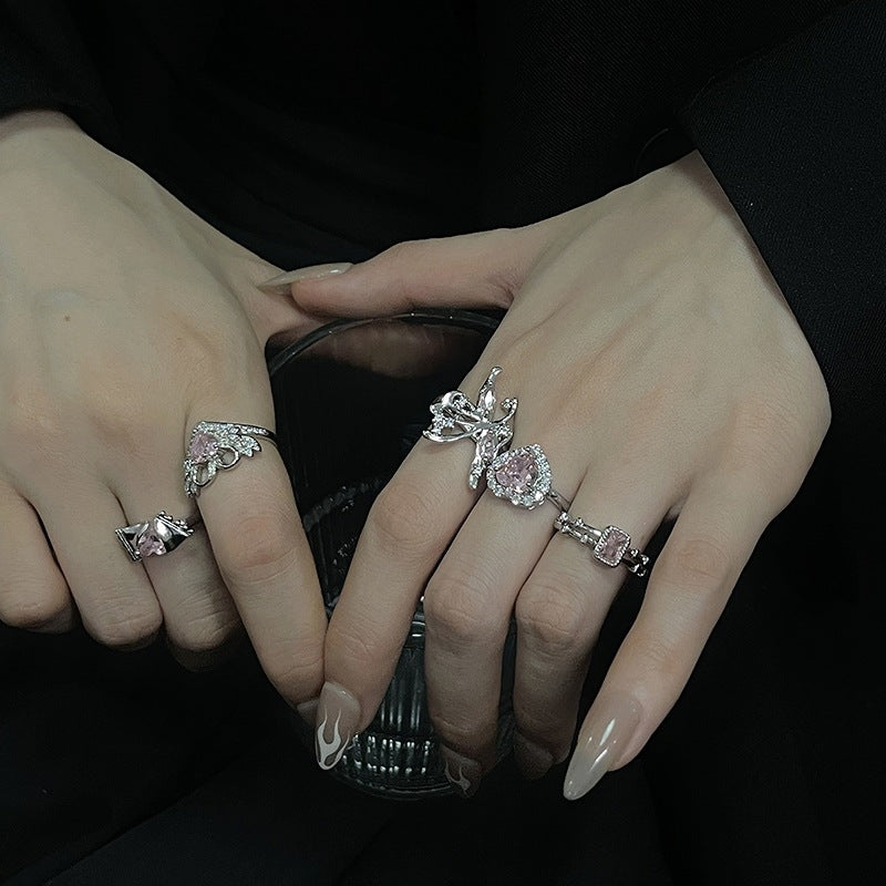 Wholesale Pink Heart Zircon Copper Butterfly Open Rings Adjustable Rings ACC-RS-JiuHao027