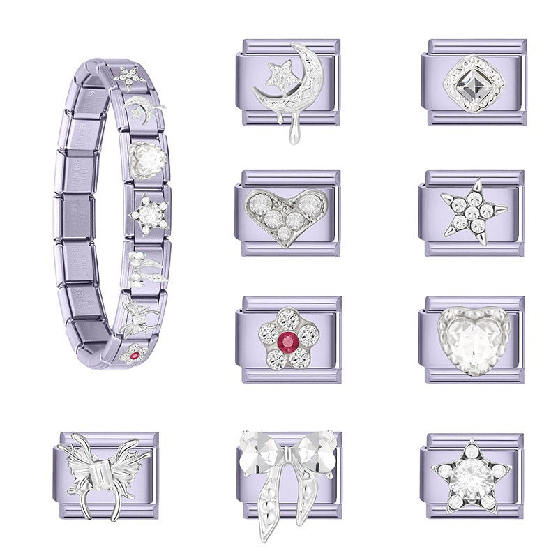 Wholesale Italian Style DIY Bracelet Set with Purple Hearts Stars Bowknot Crystal Pendant for Boutique Resale