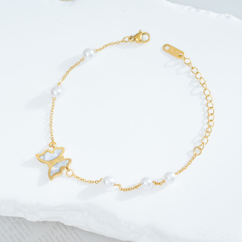 Wholesale Titanium Steel Retro Butterfly Pearl Bracelet - Fashion Jewelry Accessory,  Gift for Women