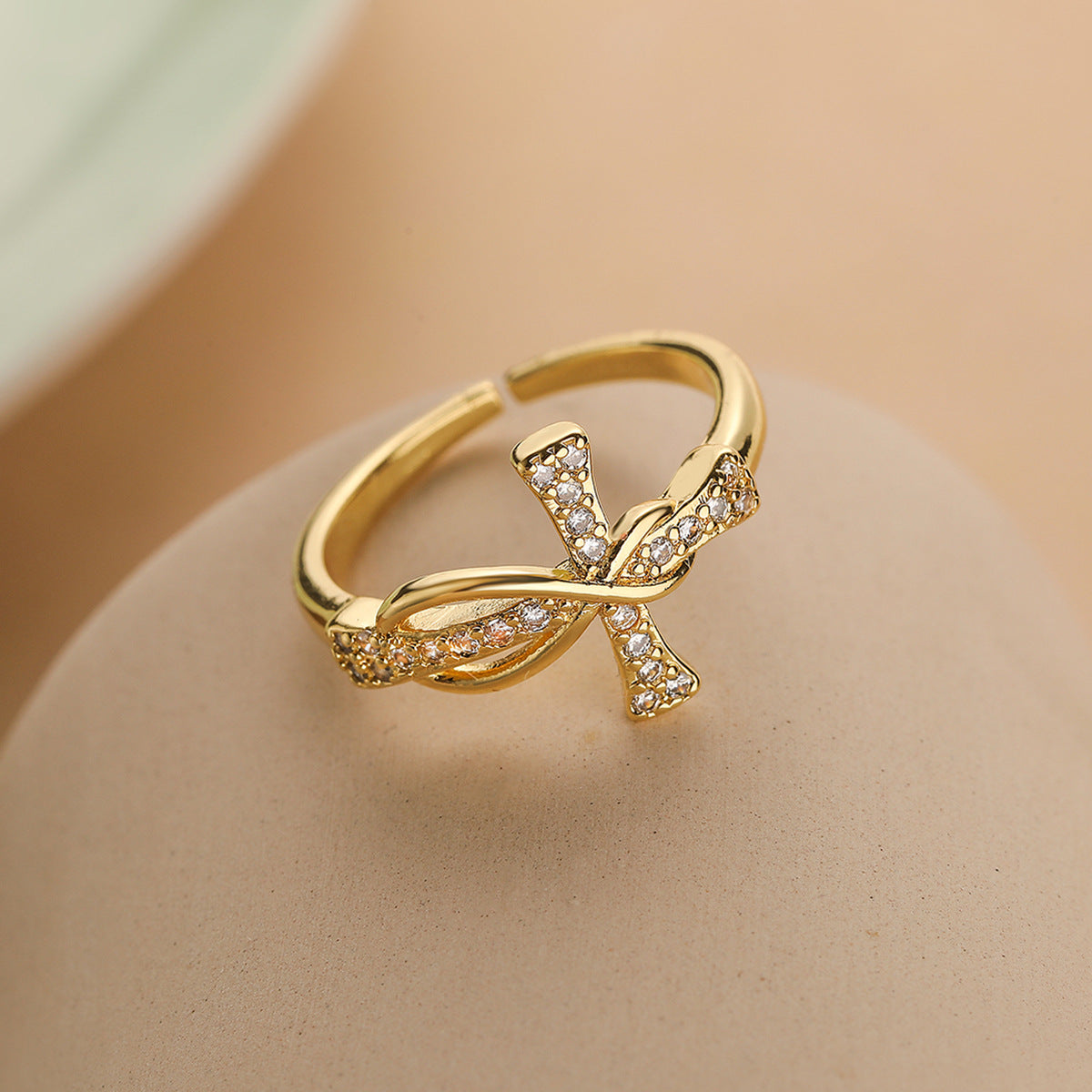 Wholesale Trendy Geometric Cross Zircon Gold Plated Open Ring For Women Adjustable Jewelry Accessory Gift