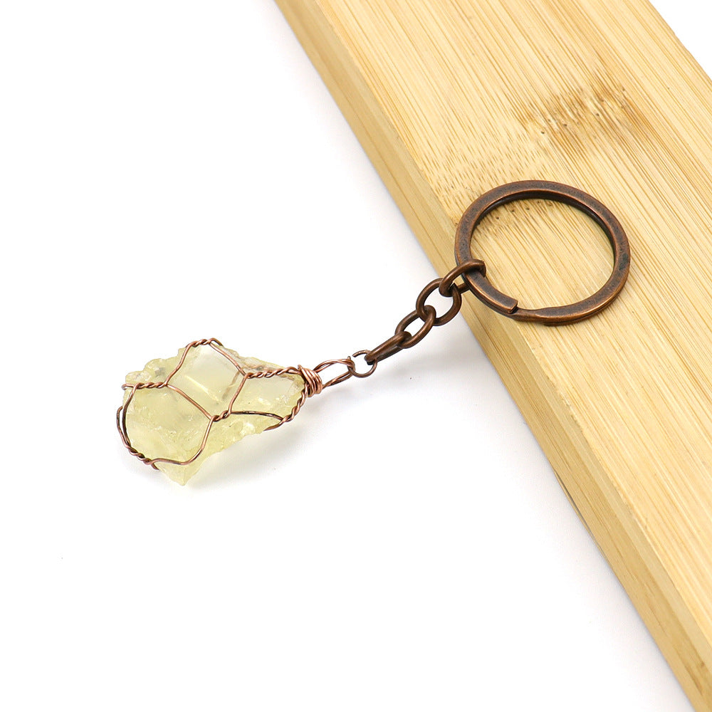 Wholesale Copper Wire Wound Natural Crystal Raw Stone Keychain ACC-KC-HanX007