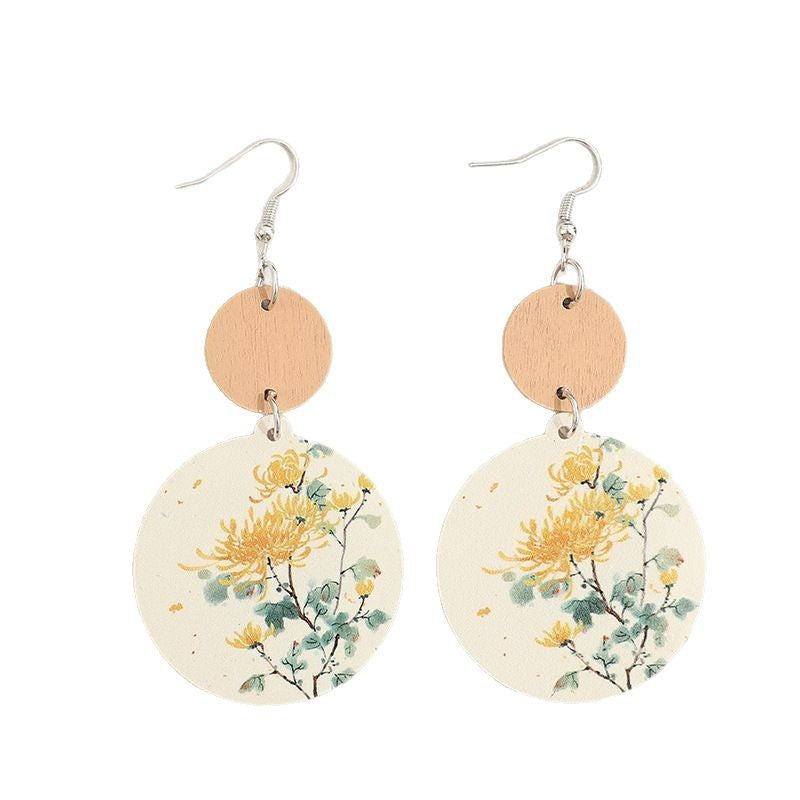 Wholesale Round printed flower stitching small wood pieces acrylic earrings