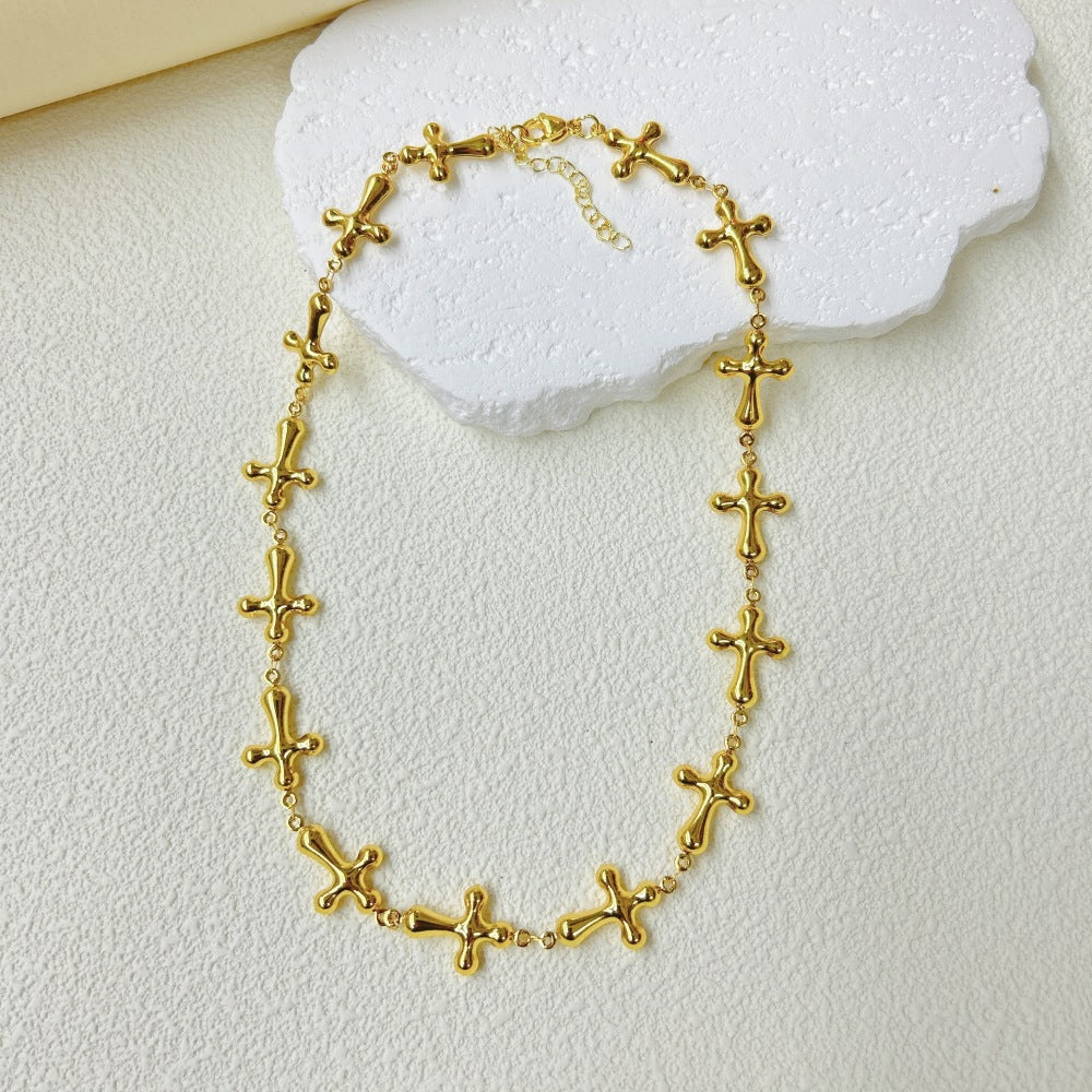 Wholesale  light luxury stainless steel three-dimensional hollow cross bracelet necklace suit