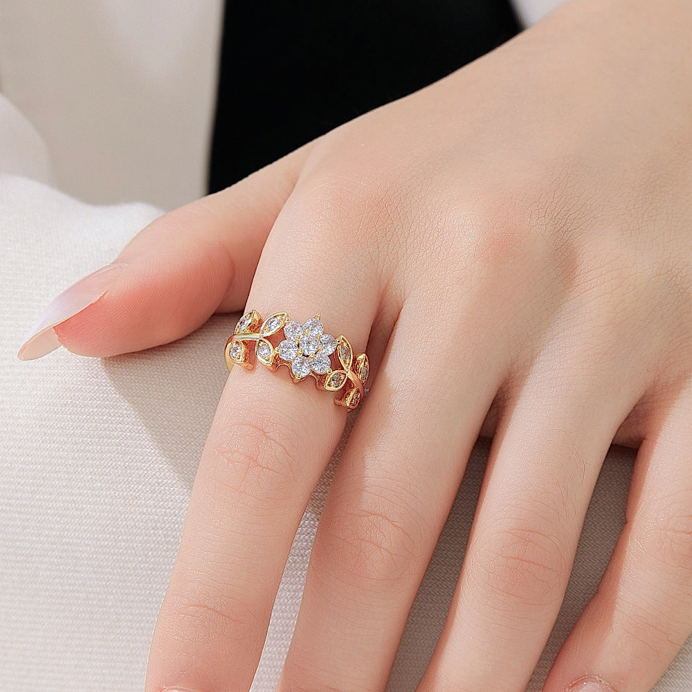 Wholesale Gold Copper Zircon Flower Adjustable Ring Women S Stylish Jewelry Accessory Boutique Resale