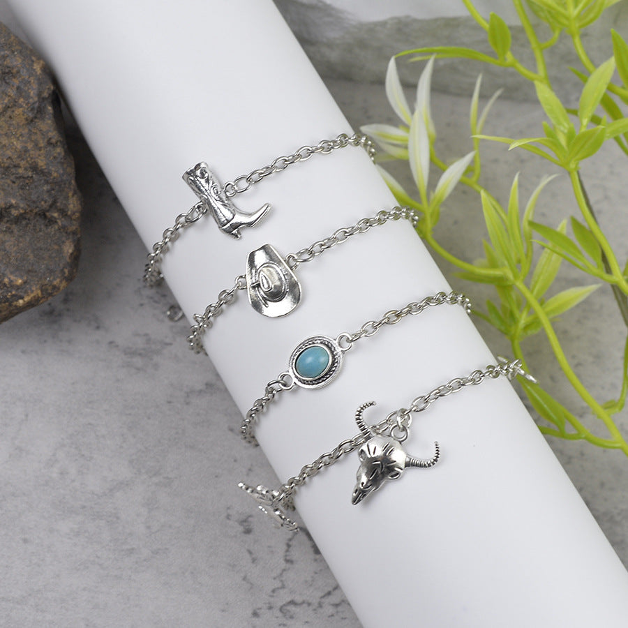 Wholesale Zinc Alloy Antique Silver Cowboy Bracelet Set With Hat Bull Head Boots Charms Vintage Fashion Jewelry Accessory Gift