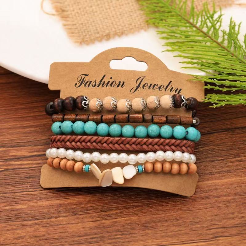 Wholesale Bohemian  Shell Wood Beads Beaded Soft y Pearl Stone Leather Bracelet