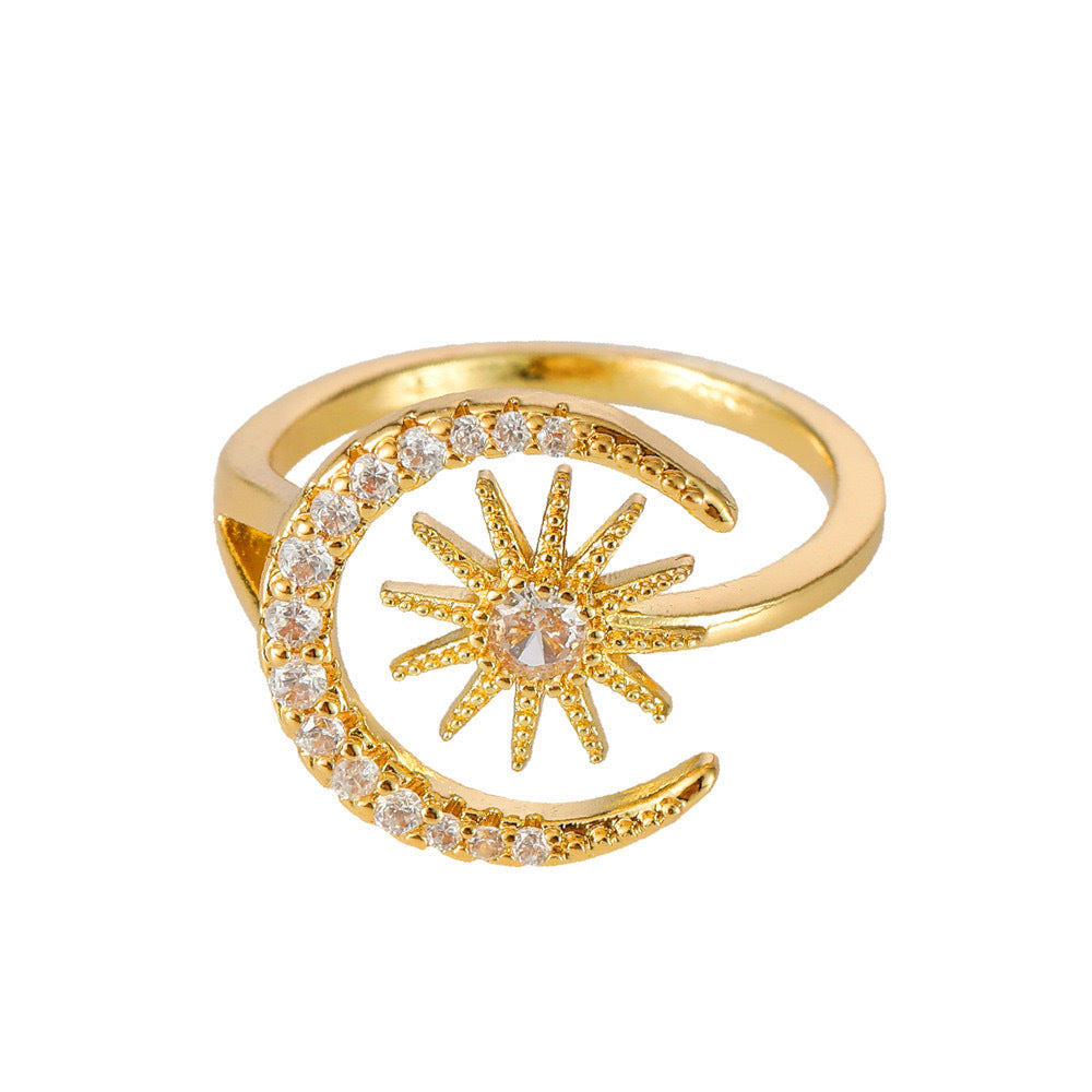 Wholesale Geometric Micro-Encrusted Diamond-Encrusted Sun and Moon Inlaid Open Ring