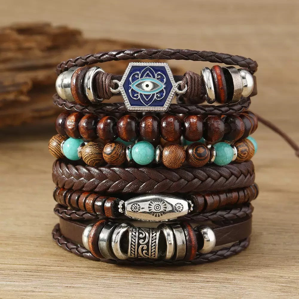 Wholesale Retro Handmade Leather Bracelet Set - 6 Piece Bohemian Fashion Accessory for Everyday Wear