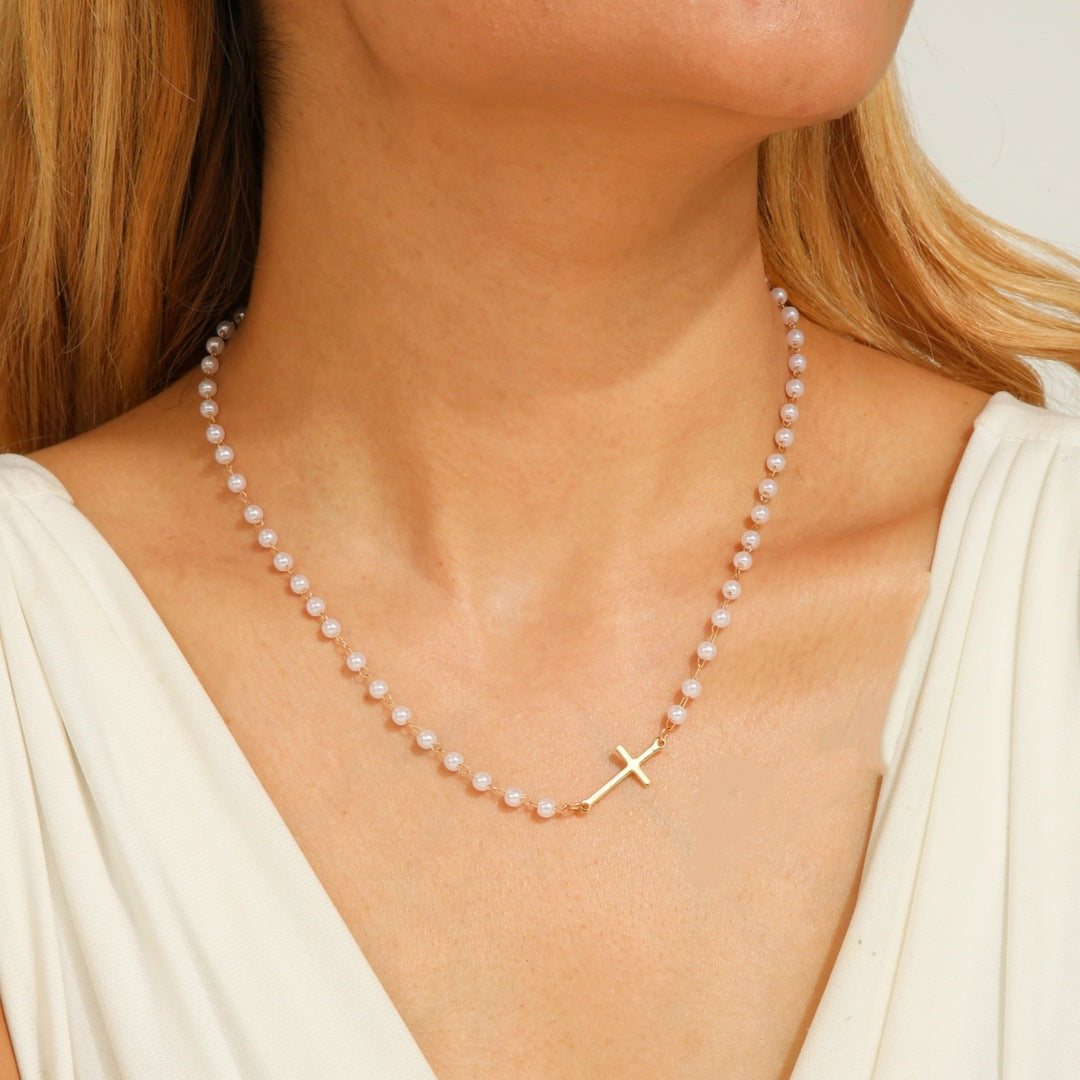 Wholesale Electroplated Alloy Cross Pearl Necklace European Style Women' s Jewelry Accessory
