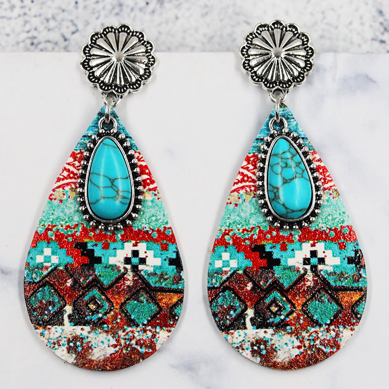 Wholesale Drop-shaped Leather Turquoise Pendant Retro Ethnic Style Western Bohemian Earrings ACC-ES-Mijun006