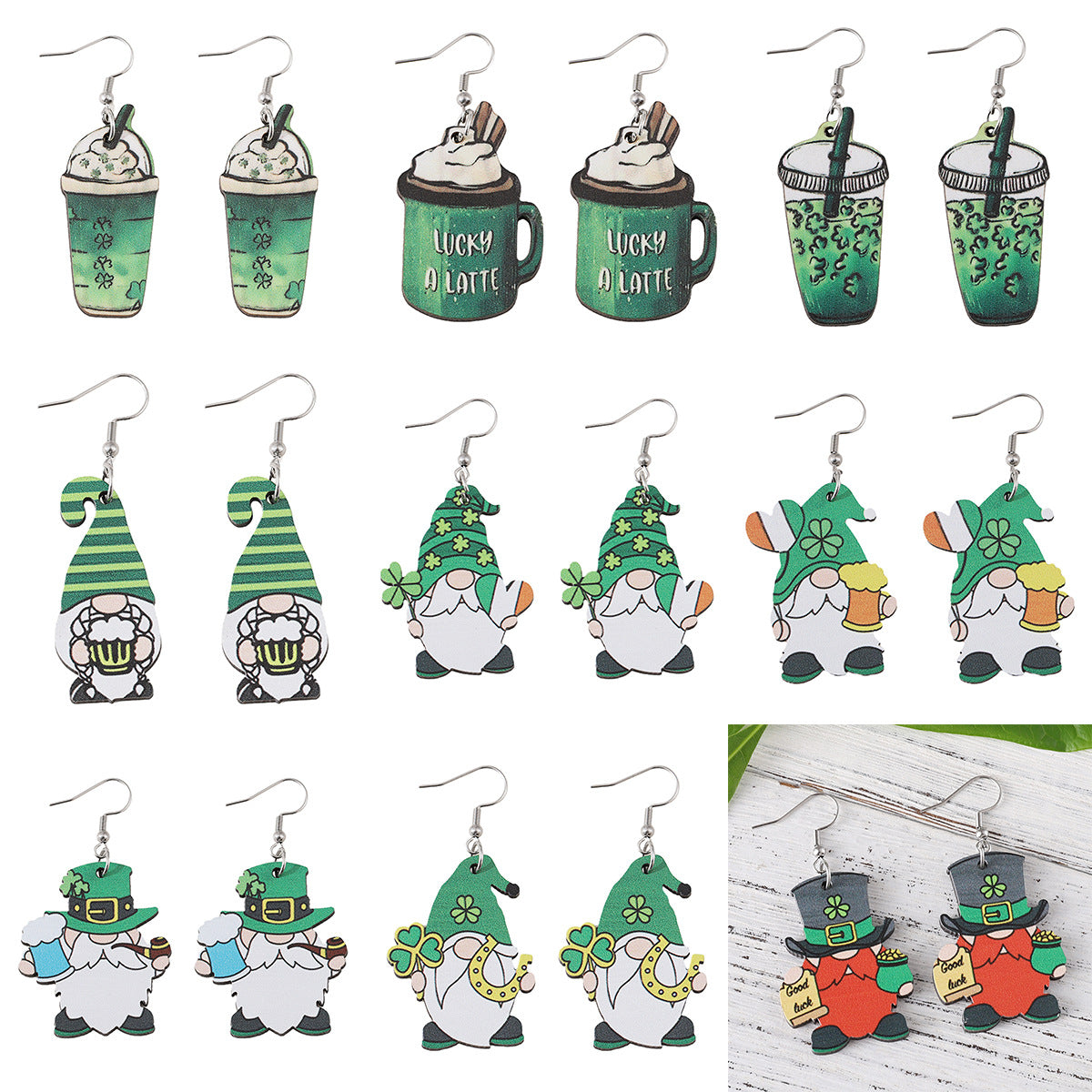 Wholesale St Patrick's Day Clover coffee cup ice cream wooden double-sided earrings