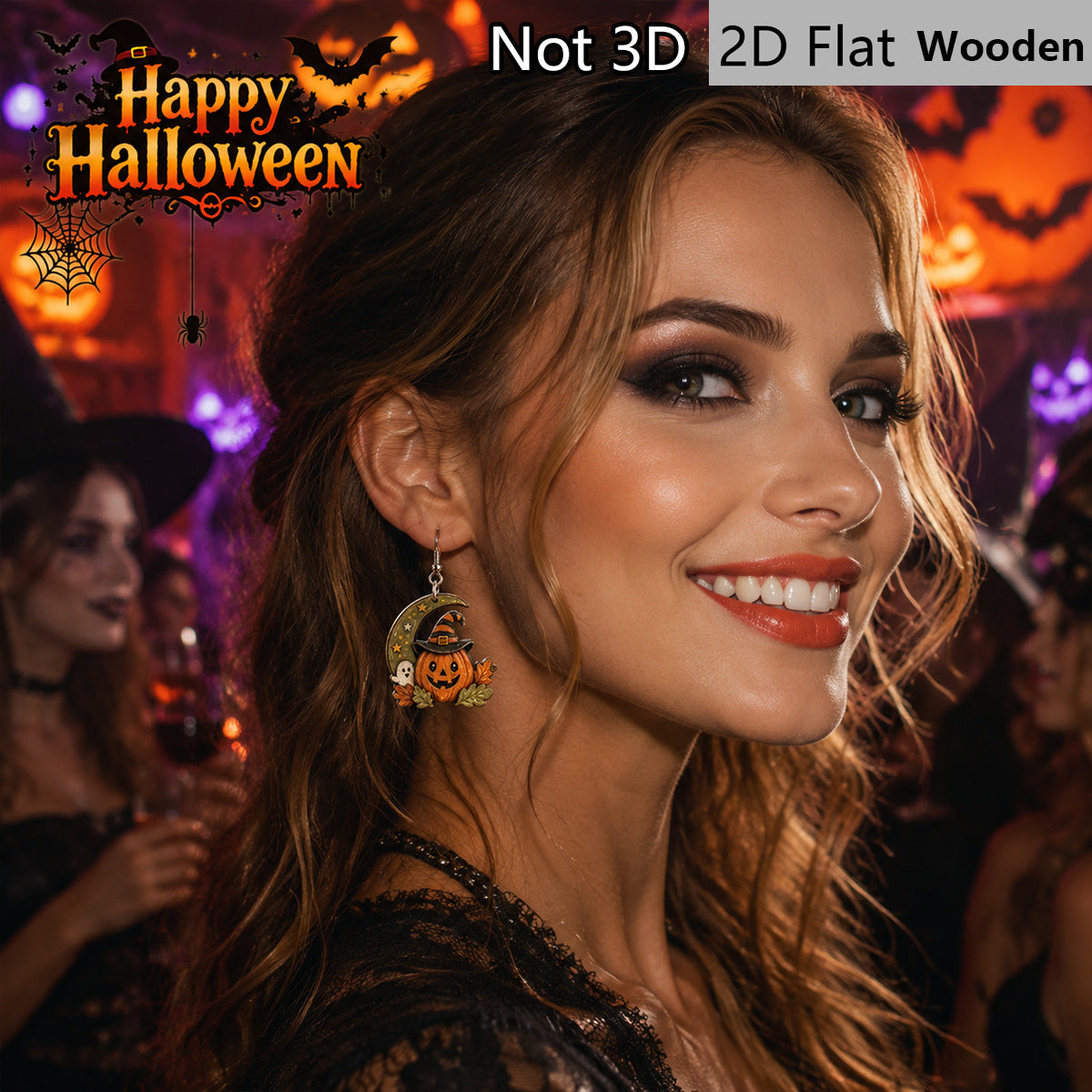Wholesale Wooden  Earrings Crescent Witch Hat Pumpkin Ghost Maple Leaf Star Painted Dangle Earrings For Party And Gift