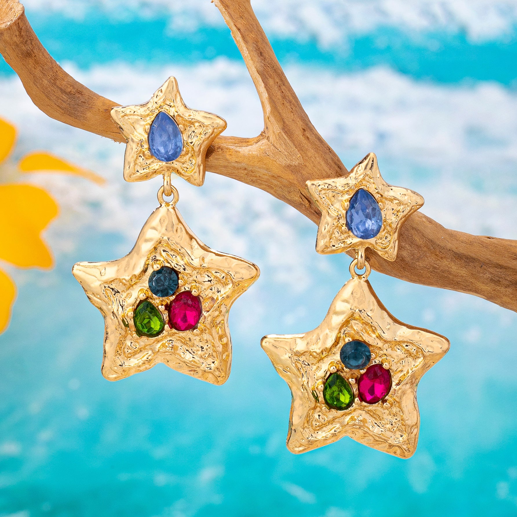 Wholesale Retro Star Earrings Antique Gold Tone With Colorful Gems For Party Fashion Accessory