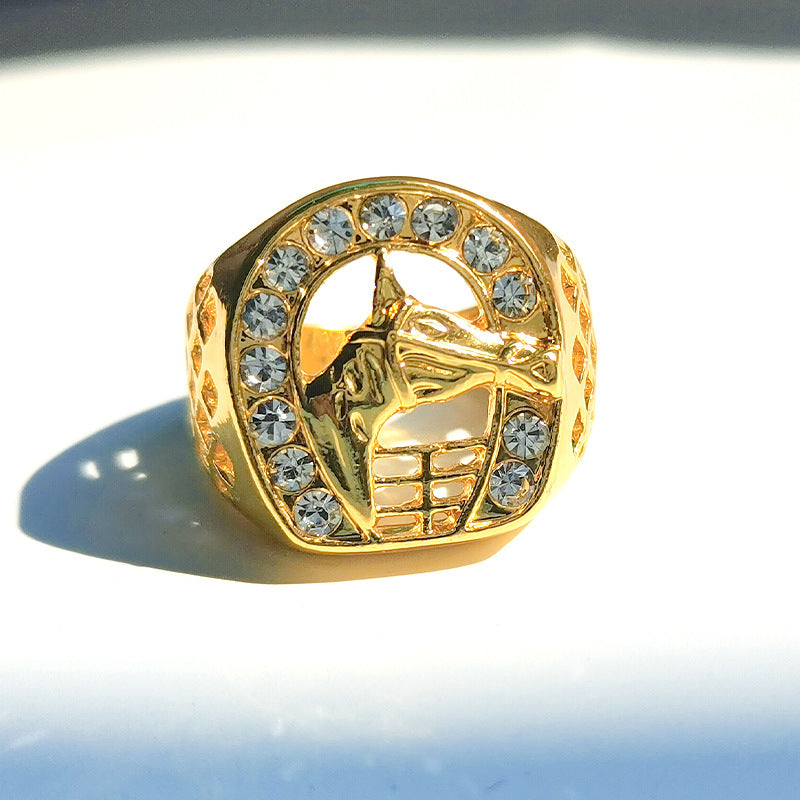 Wholesale Hip Hop Gold Plated Diamond Horse Head Men's Ring ACC-RS-YunJin005