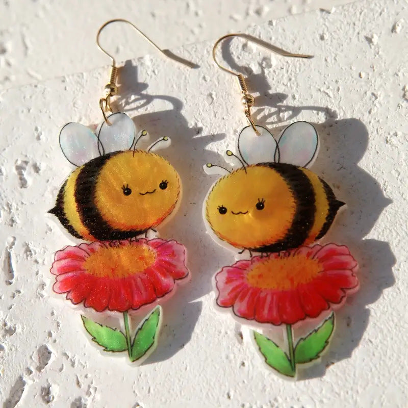 Wholesale  cute flower picking little bee acrylic animal earrings