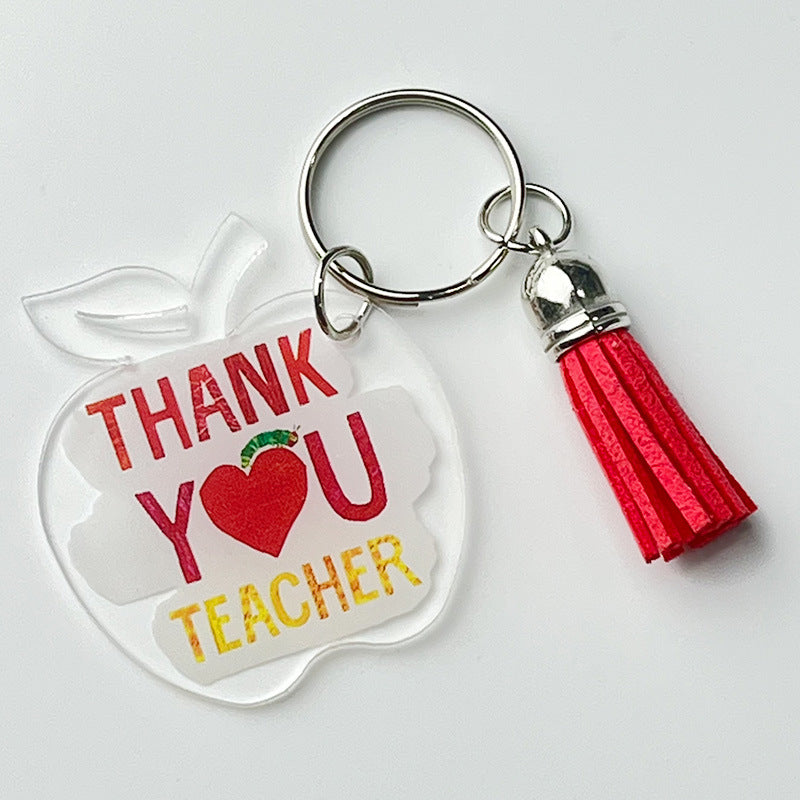 Wholesale of 2pcs/pack Teacher Gifts, Thank-you Text, Apple, Sunflower, Tassels Acrylic Keychain ACC-KC-HY012
