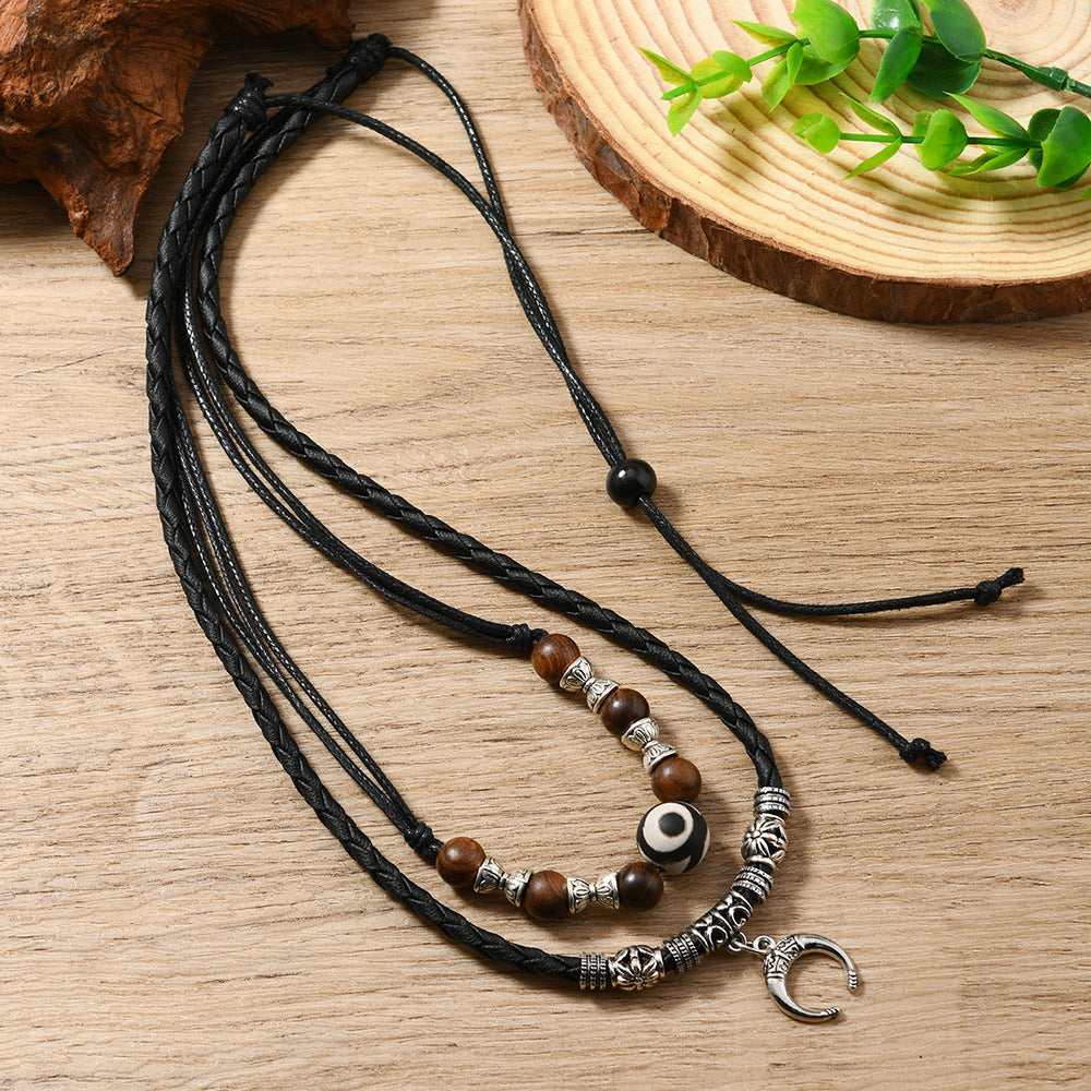 Wholesale Leather retro woven wooden bead necklace