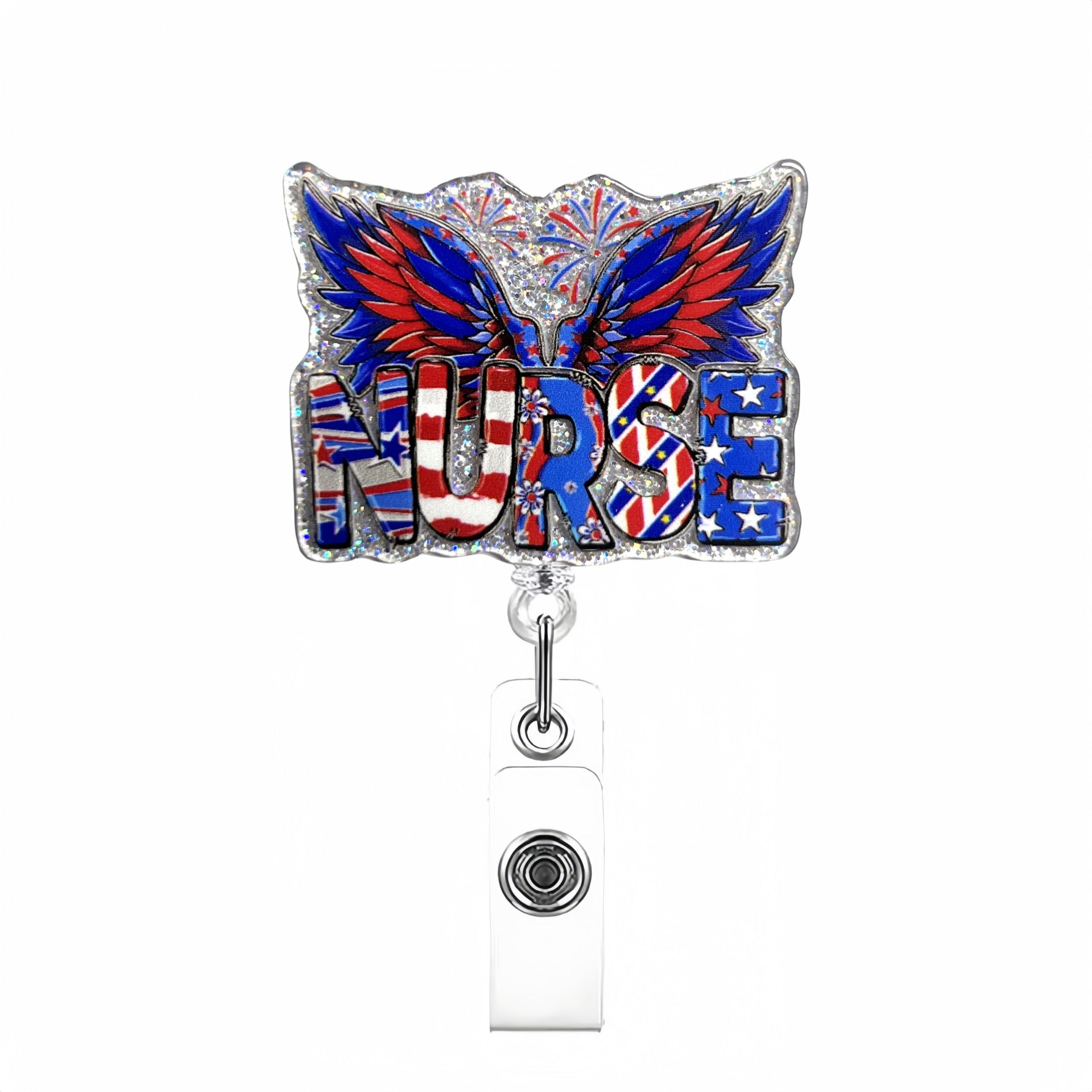 Wholesale Acrylic Glitter Independence Day Badge Reels Keychains