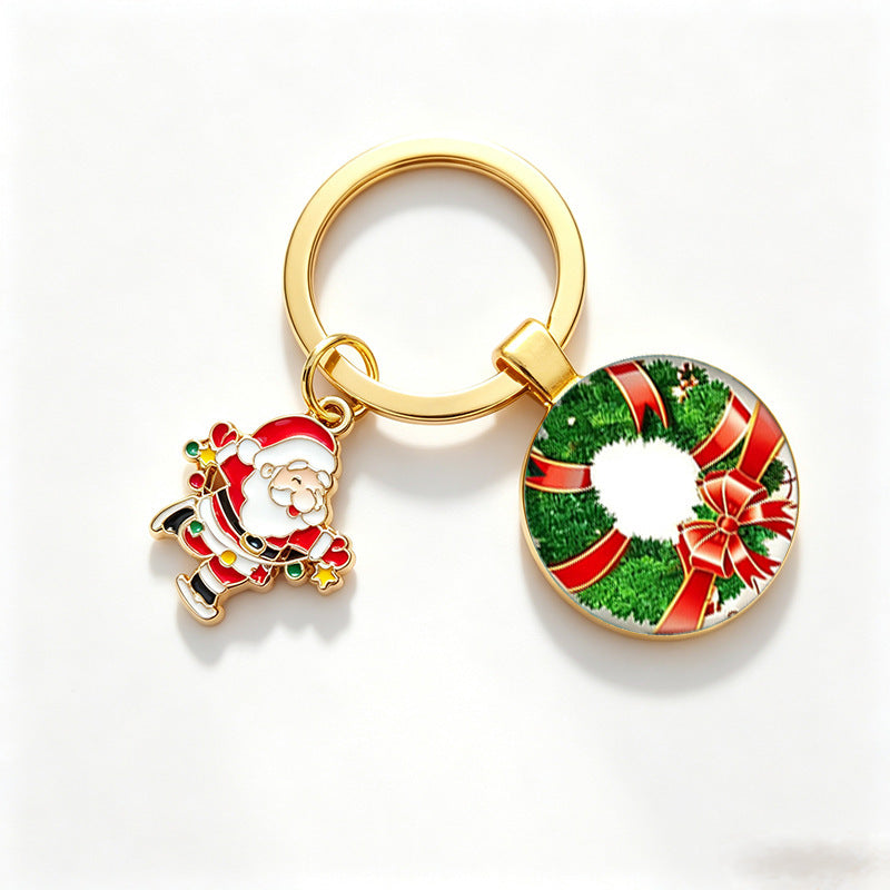 Wholesale Christmas Themed Metal Keychain Pendant With Epoxy Print Decorative Car Key Accessory Gift For Boutique Resale