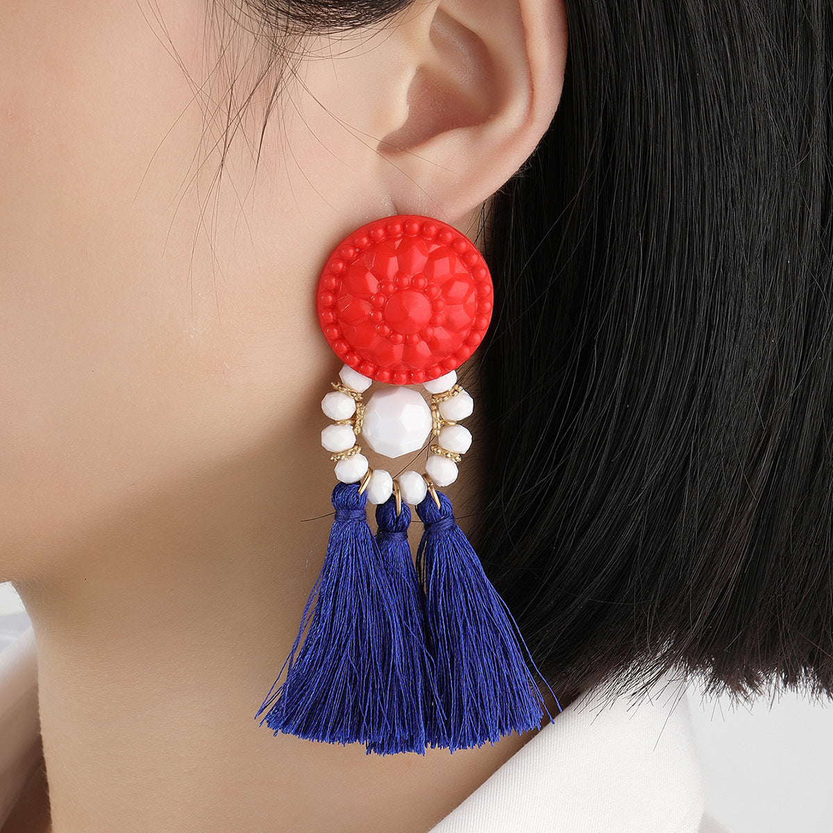 Wholesale  Independence Day Red White Blue Tricolor Geometric Spray Paint Stars Acrylic Wooden Women's Tassel Earrings