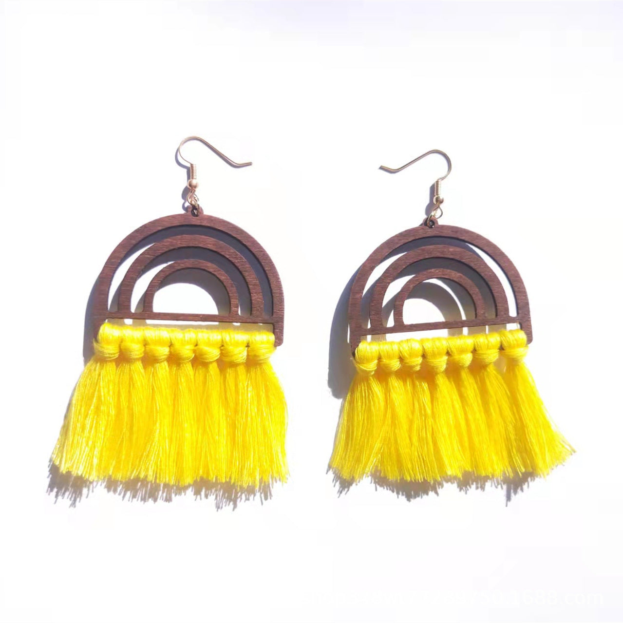 Wholesale Bohemian Handwoven Rainbow Wood Tassel Earrings ACC-ES-Jixuan004