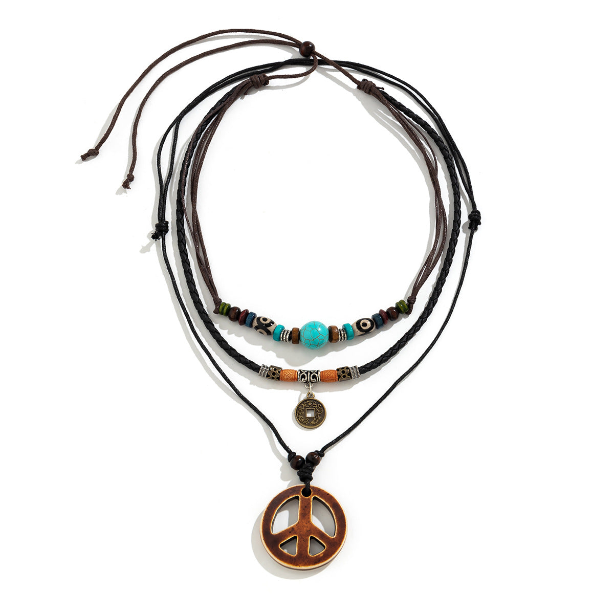 Wholesale Men's Wooden Beads Turquoise Peace Symbol Necklace Set Sweater Chain Long Necklace ACC-NE-Puxin004