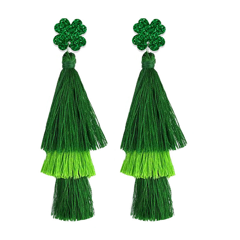 Wholesale 2 Pairs/pack St. Patrick Green Multi-layered Tassel Four-leaf Clover Earrings ACC-ES-HY211