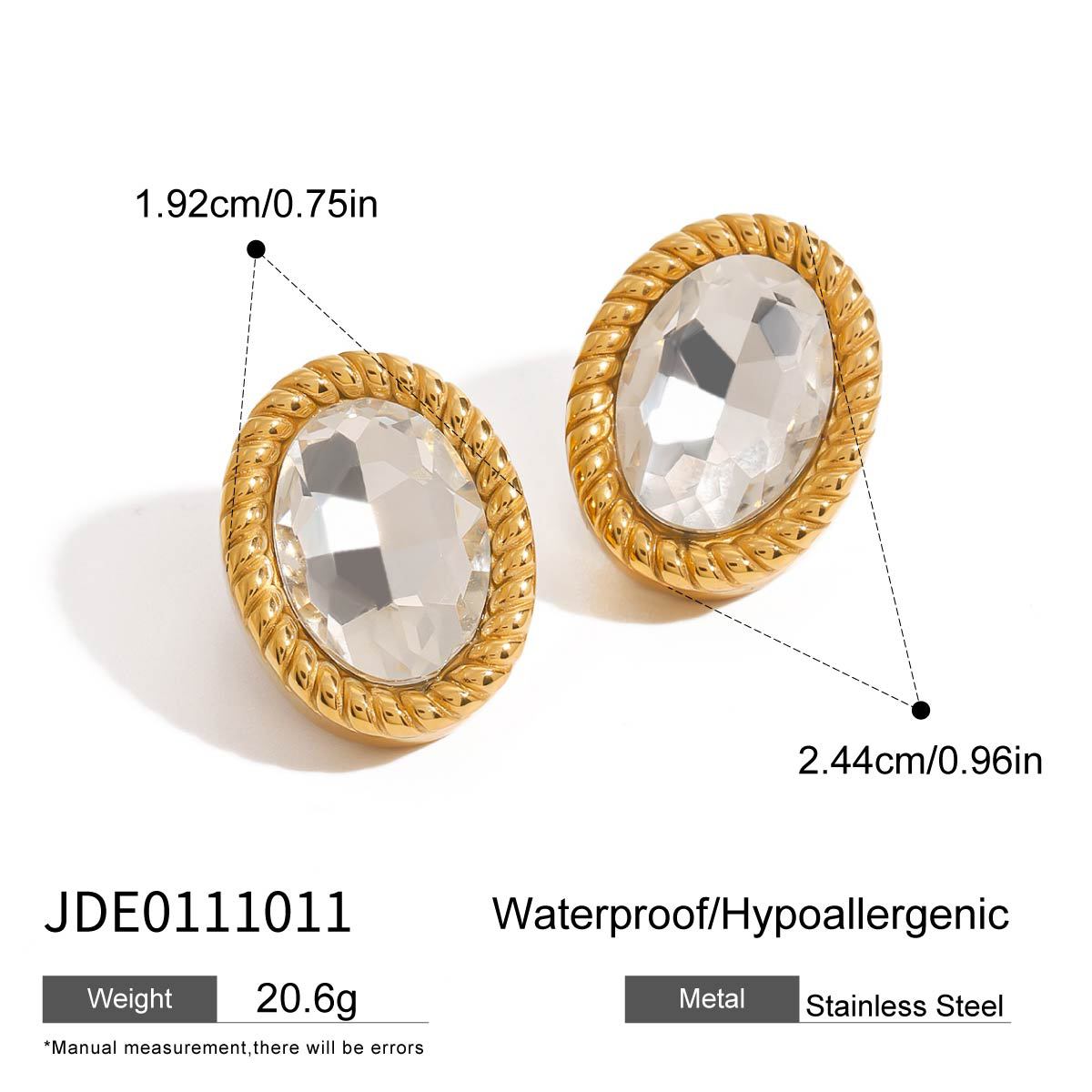 Wholesale 18k gold stainless steel oval glass stone earrings